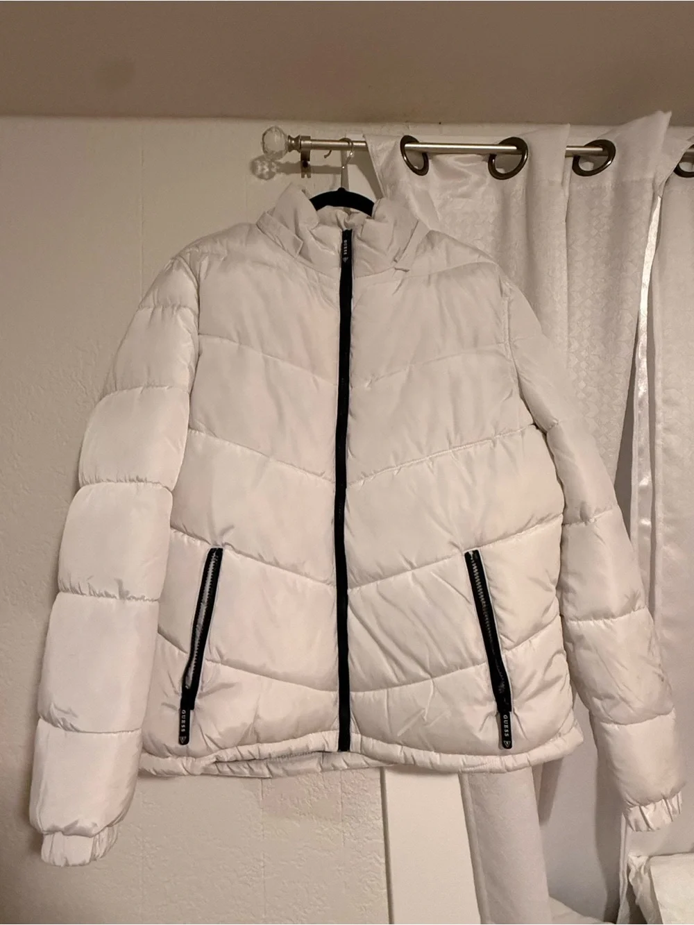 White Quilted Puffer Jacket with Black Trim